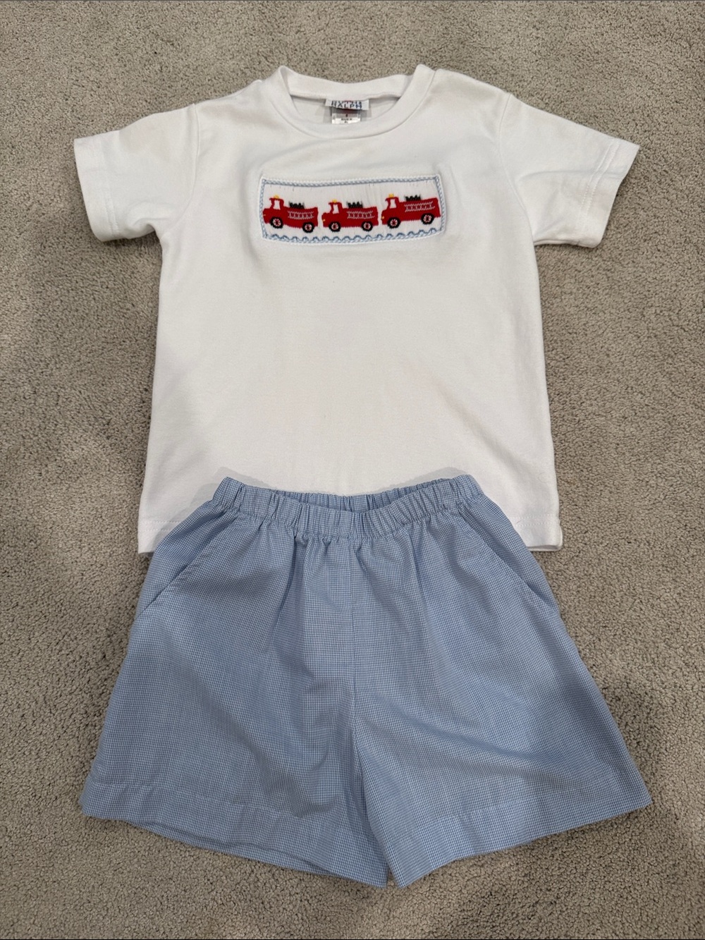 Boys White Tee & Light Blue Shorts Matching Set with Red Train Smocking